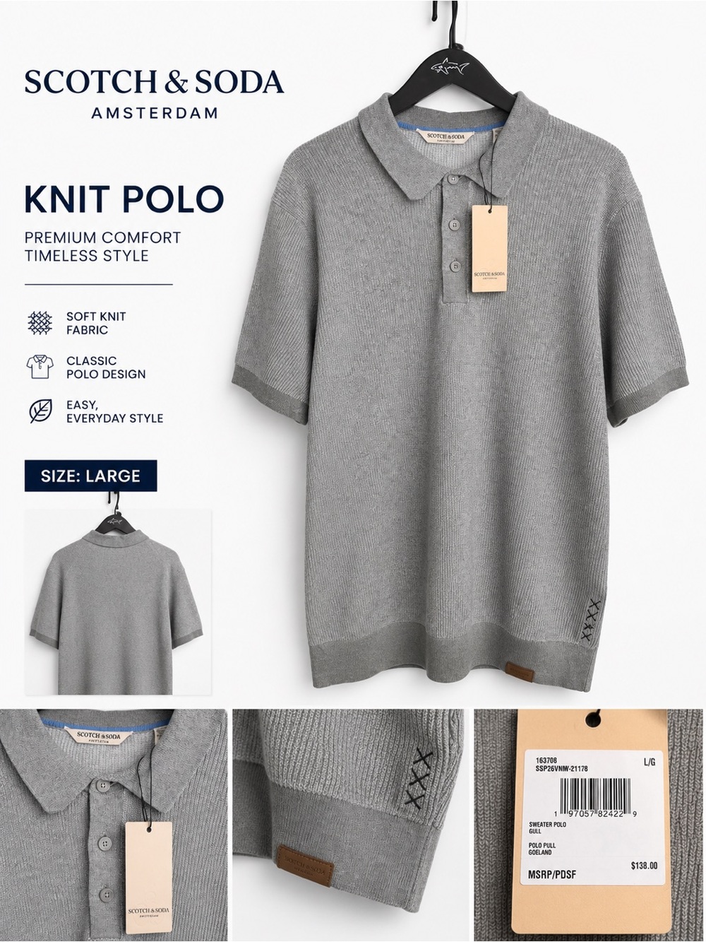 Scotch & Soda Amsterdam Men’s Knit Sweater Polo Gray Size Large L NWT